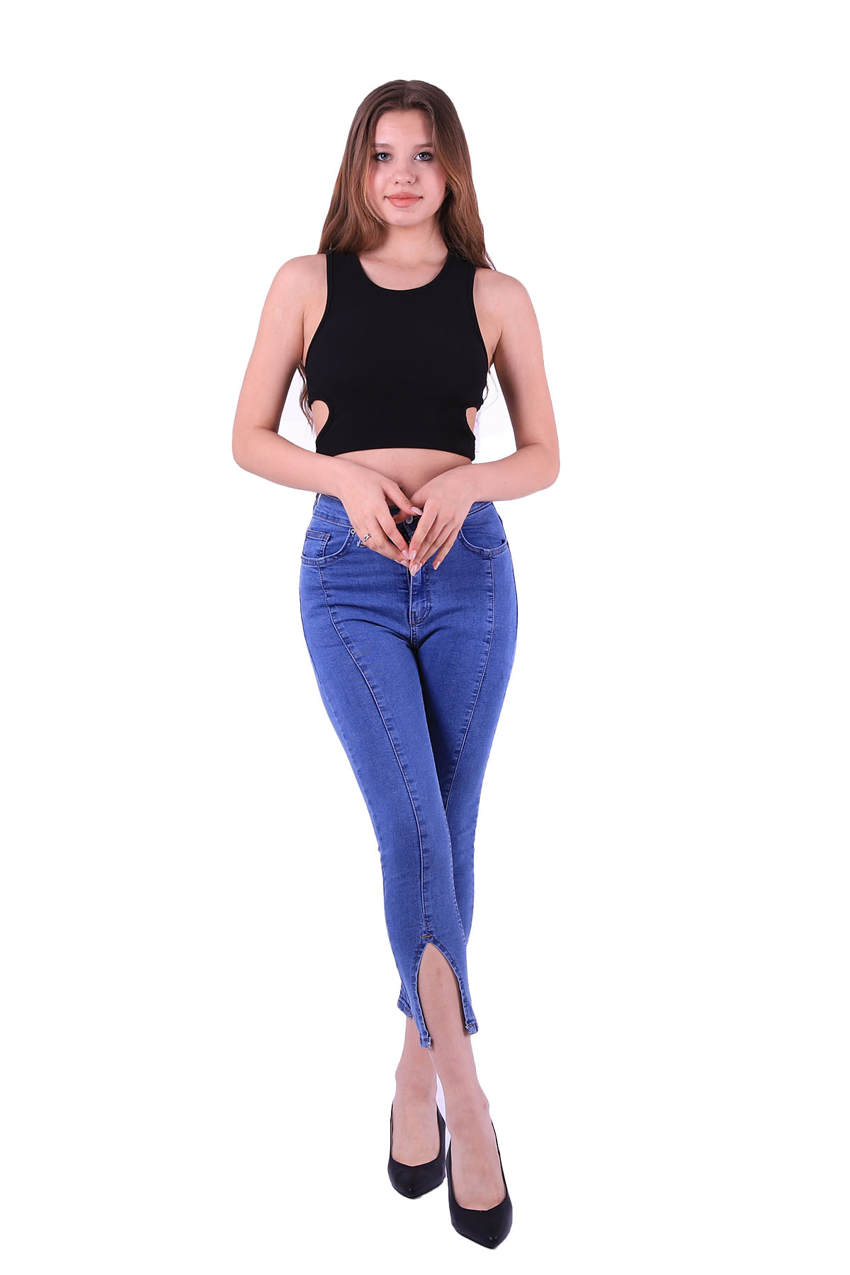 High Waisted Skinny Jeans with Slit in Front - 15 - (26-31)