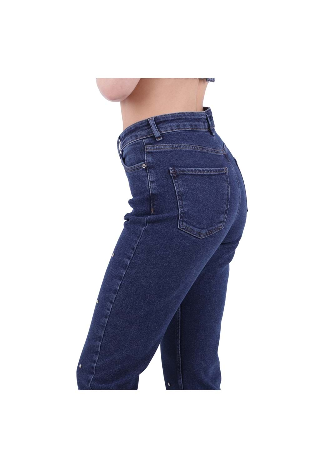 Yüksek Bel Dikişsiz Paça Droplu Mom Fit Pantolon 1724-26-(28-33) Düz Koyu Rins