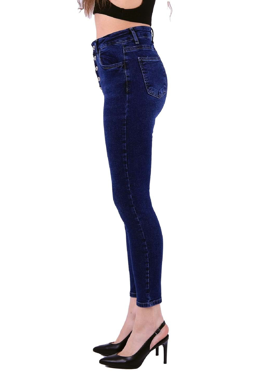 Önü 5 Düğmeli Yüksek Bel Skinny Kot Pantolon 755-01-(26-31) Koyu Mavi Kot