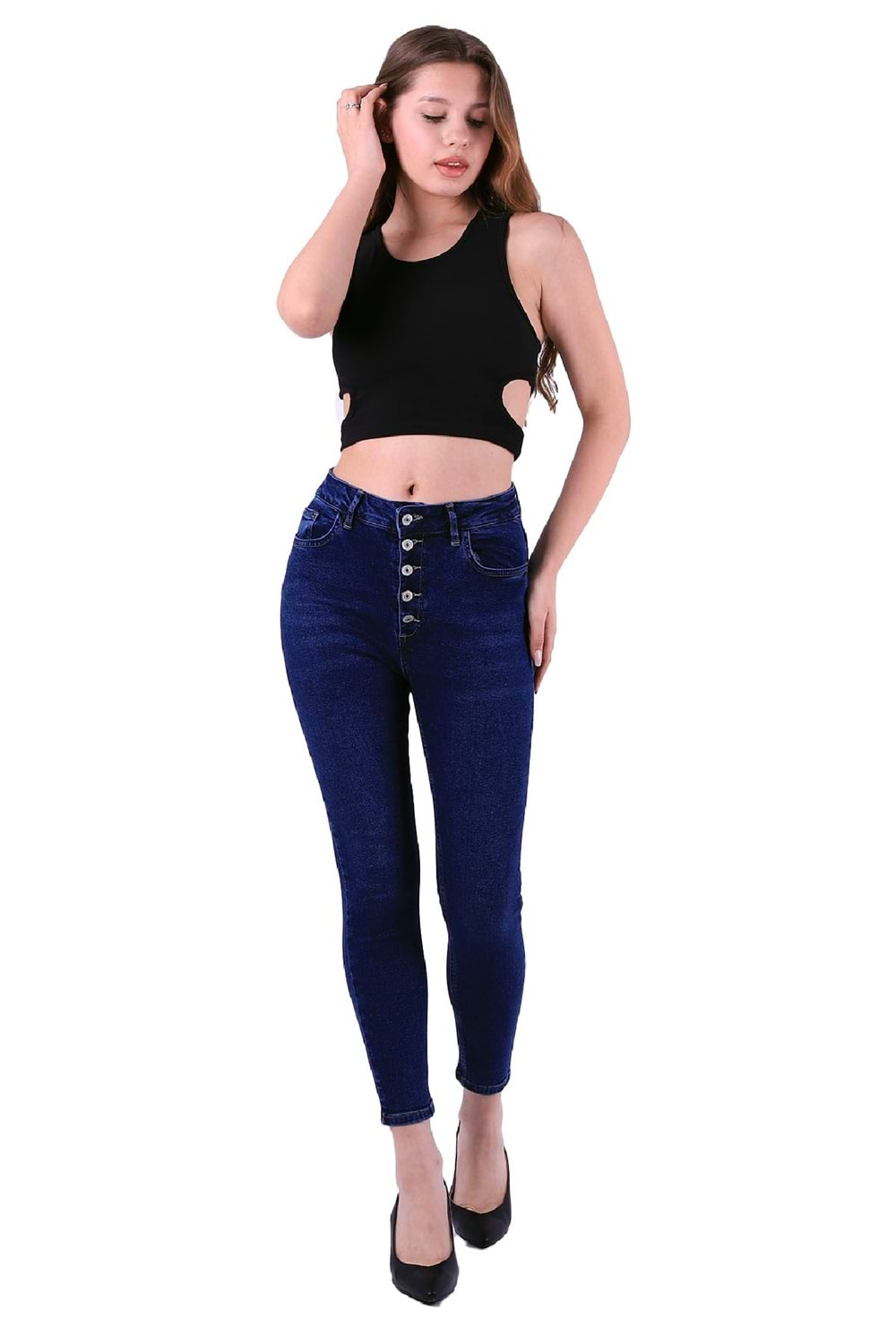 Önü 5 Düğmeli Yüksek Bel Skinny Kot Pantolon 755-01-(26-31) Koyu Mavi Kot