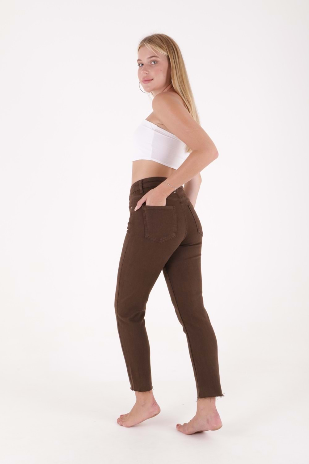 Dikişsiz Paça Yüksek Bel Mom Fit Kot Pantolon 764-67-(26-31) Haki