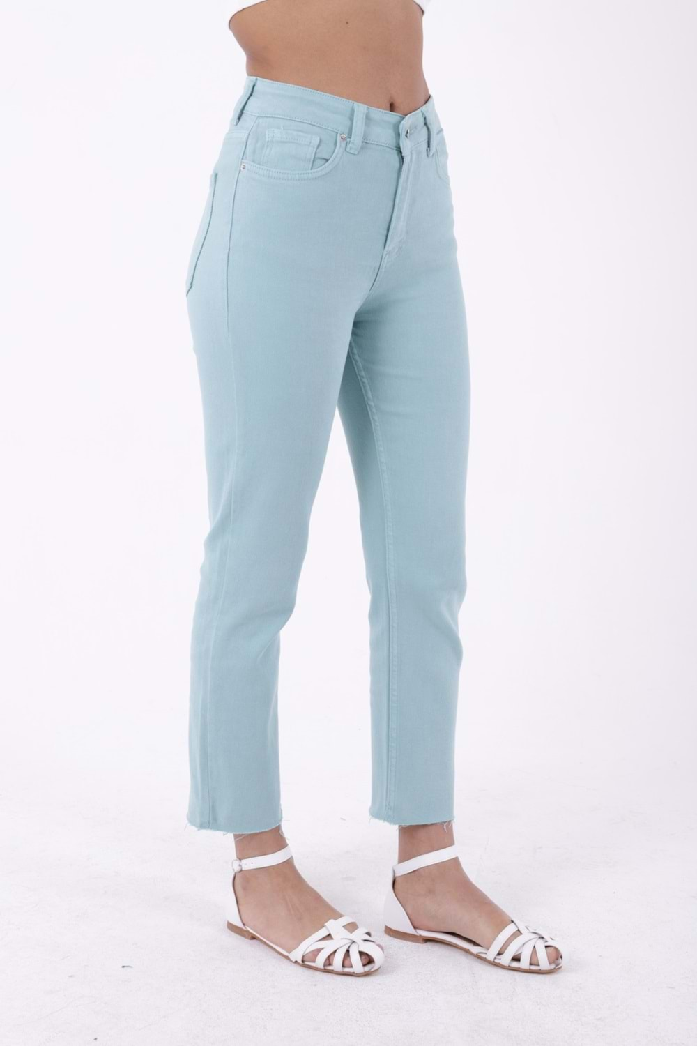 Dikişsiz Paça Yüksek Bel Mom Fit Kot Pantolon 764-86-(28-33) Aqua Mavi