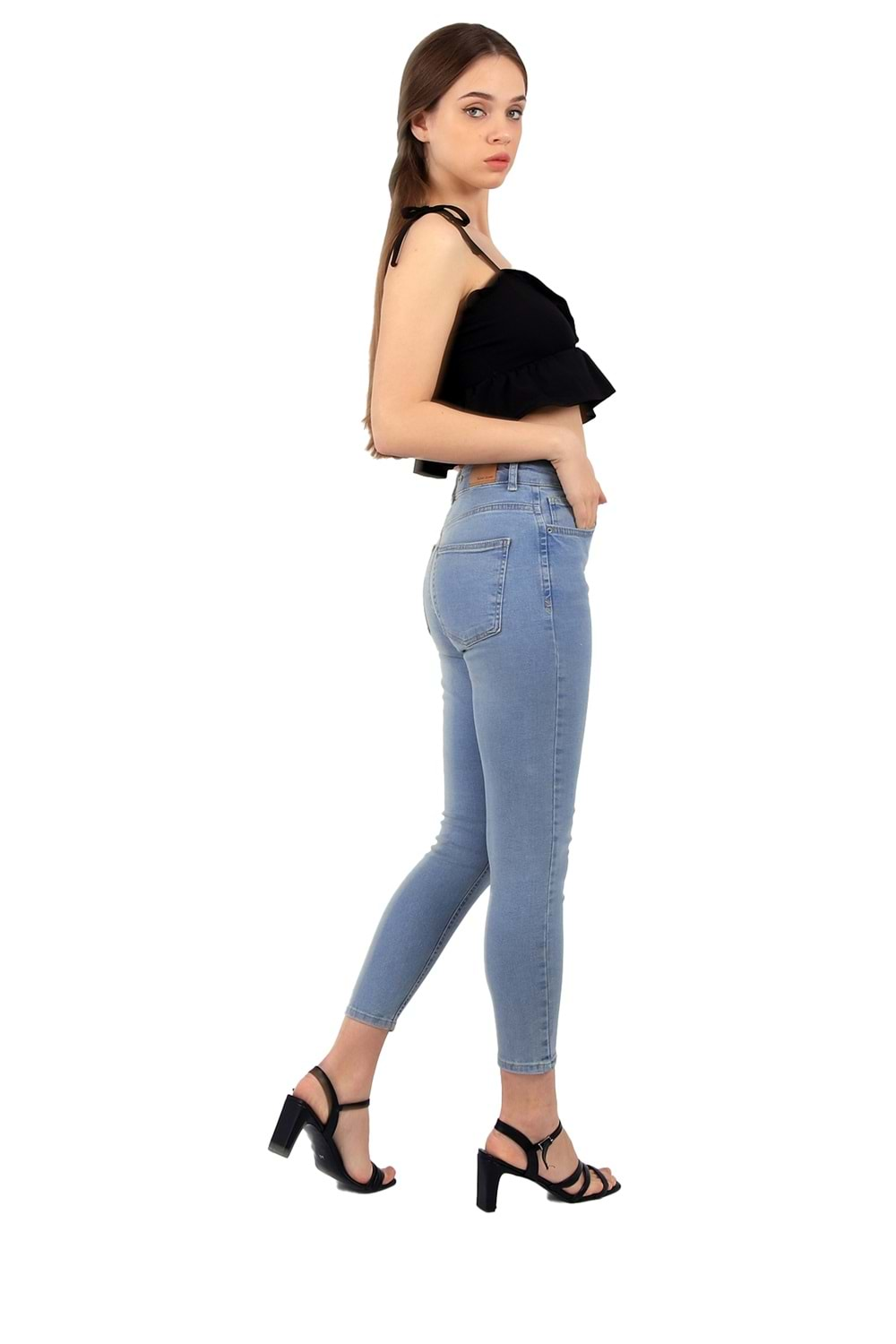 Yüksek Bel Kısa Boy Skinny Kot Pantolon 810-42-(26-31) Buz Mavisi ve Tintli