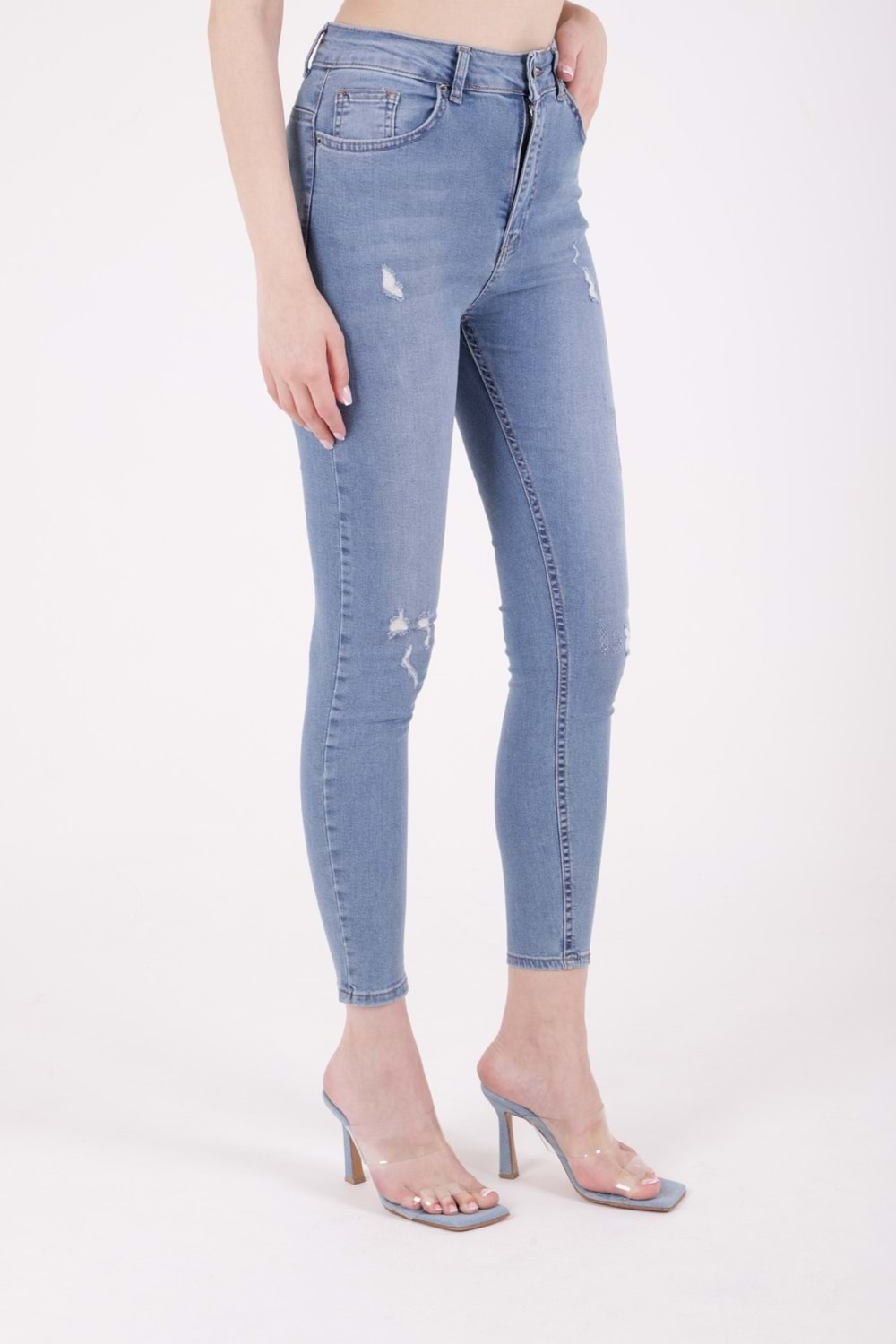 Yüksek Bel Az Yırtıklı Lazerli Skinny Kot Pantolon 826-15B(30-36) Açık Mavi Kot