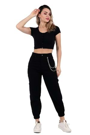 Parçalı Yanı Zincirli Kot Pantolon 1704-07-(S-XL-6) Siyah