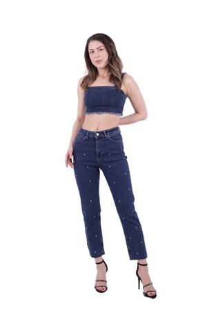 Yüksek Bel Dikişsiz Paça Droplu Mom Fit Pantolon 1724-26-(28-33) Düz Koyu Rins