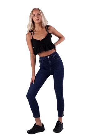 Yanı Yırtmaçlı Skinny Kot Pantolon 1745-01-(26-31) Koyu Mavi Kot