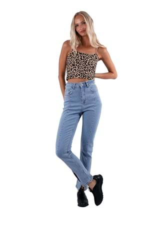 Önü Yırtmaçlı Mom Fit Jean 1747-15-(26-31) Açık Mavi Kot