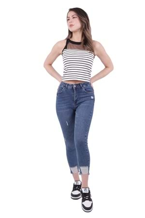 Paçası Lazerli Skinny Pantolon 1784-06-(26-31) Orta Mavi Kot