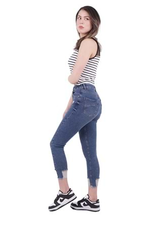 Paçası Lazerli Skinny Pantolon 1784-06-(26-31) Orta Mavi Kot