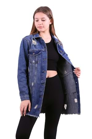 Altı Püsküllü Boyfriend Kot Ceket 679-02-(S-XL-6) Koyu Tintli Kot