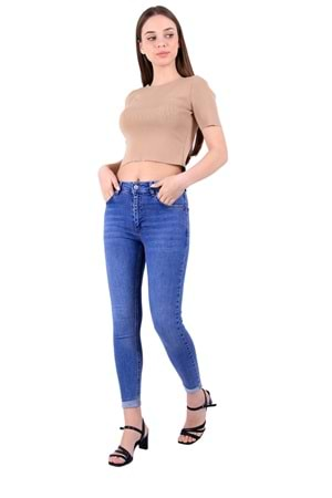 Duble Paça Yüksek Bel Skinny Kısa Boy Kot Pantolon 820-15B(30-36) Açık Mavi Kot