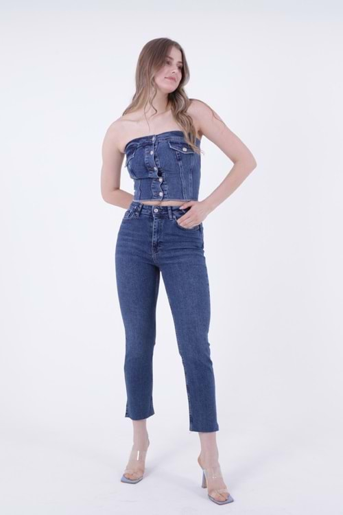 Dikişsiz Paça Yüksek Bel Mom Fit Kot Pantolon 764-01-(26-31) Koyu Mavi Kot