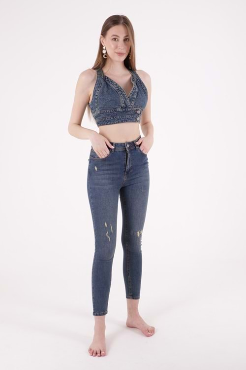 Yüksek Bel Az Yırtıklı Lazerli Skinny Kot Pantolon 826-02-(28-33) Koyu Tintli Kot