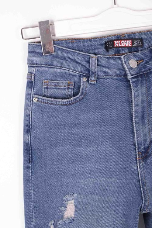 Paçası Lazerli Yüksek Bel Mom Fit Bilek Boy Kot Pantolon 884-06-(28-33) Orta Mavi Kot