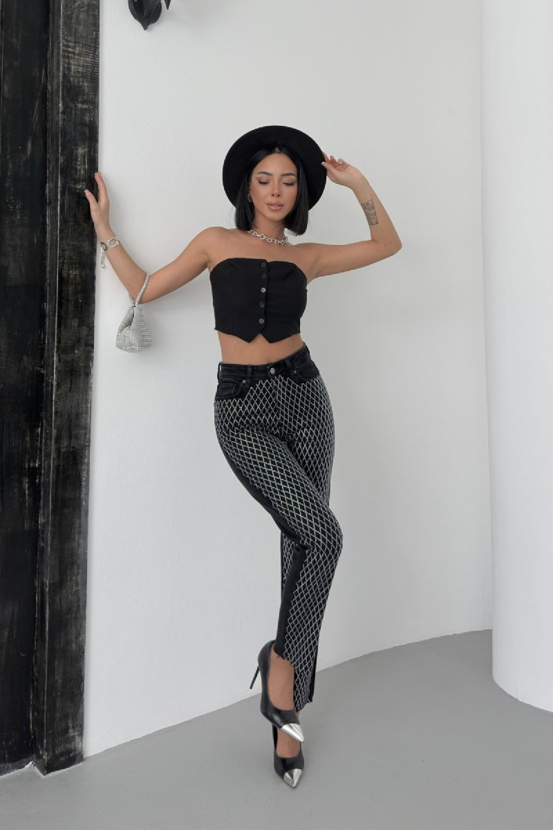 Taşlı Mom Fit Kot Pantolon