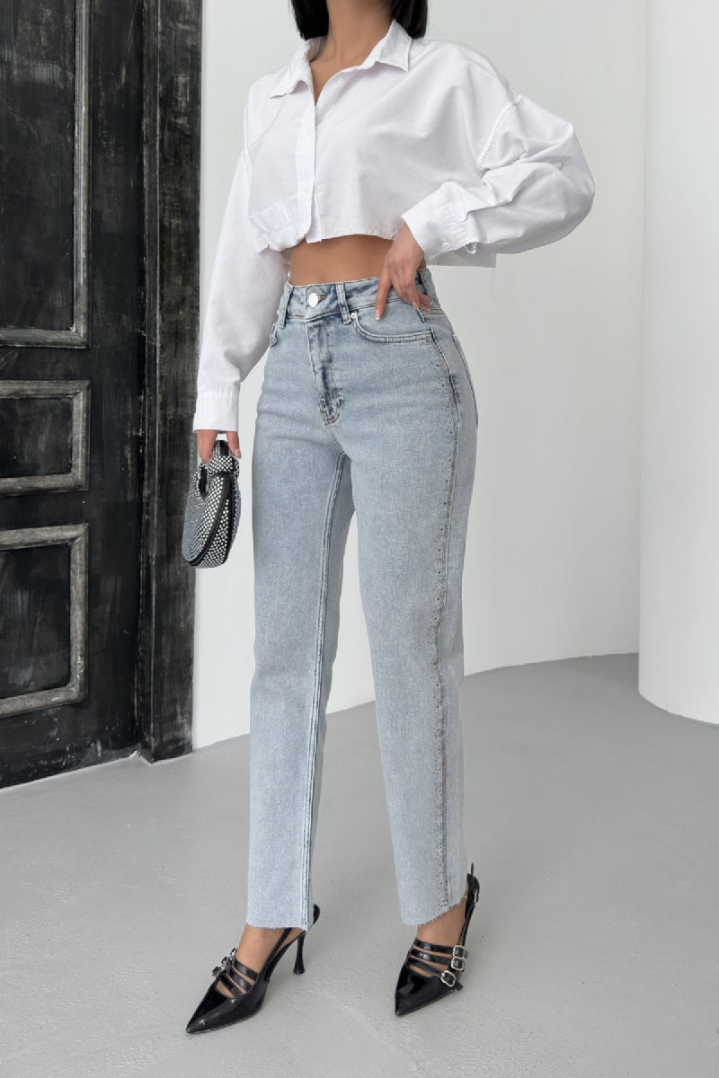 Şerit Taşlı Mom Fit Kot Pantolon