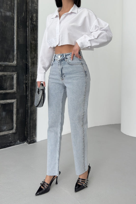 Şerit Taşlı Mom Fit Kot Pantolon
