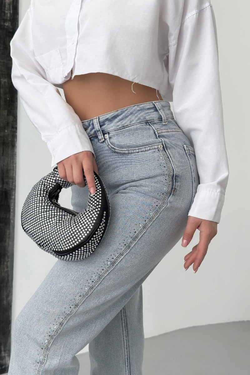 Şerit Taşlı Mom Fit Kot Pantolon