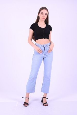 İspanyol Dikişsiz Paça Yüksek Bel Mom Fit Kot Pantolon 1706-42-(28-33) Buz Mavisi ve Tintli