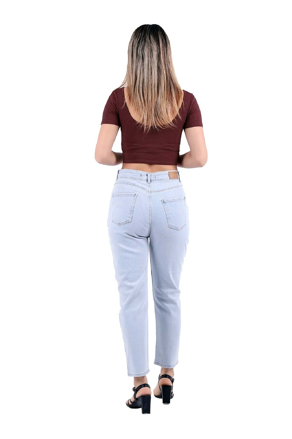 Önü Contalı Yüksek Bel Mom Fit Kot Pantolon 1720-42-(27-32) Buz Mavisi ve Tintli