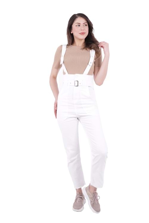 Yüksek Bel Beli Kemerli Salopet Tulum Kot Pantolon 327-50-(S-XL-6) Beyaz
