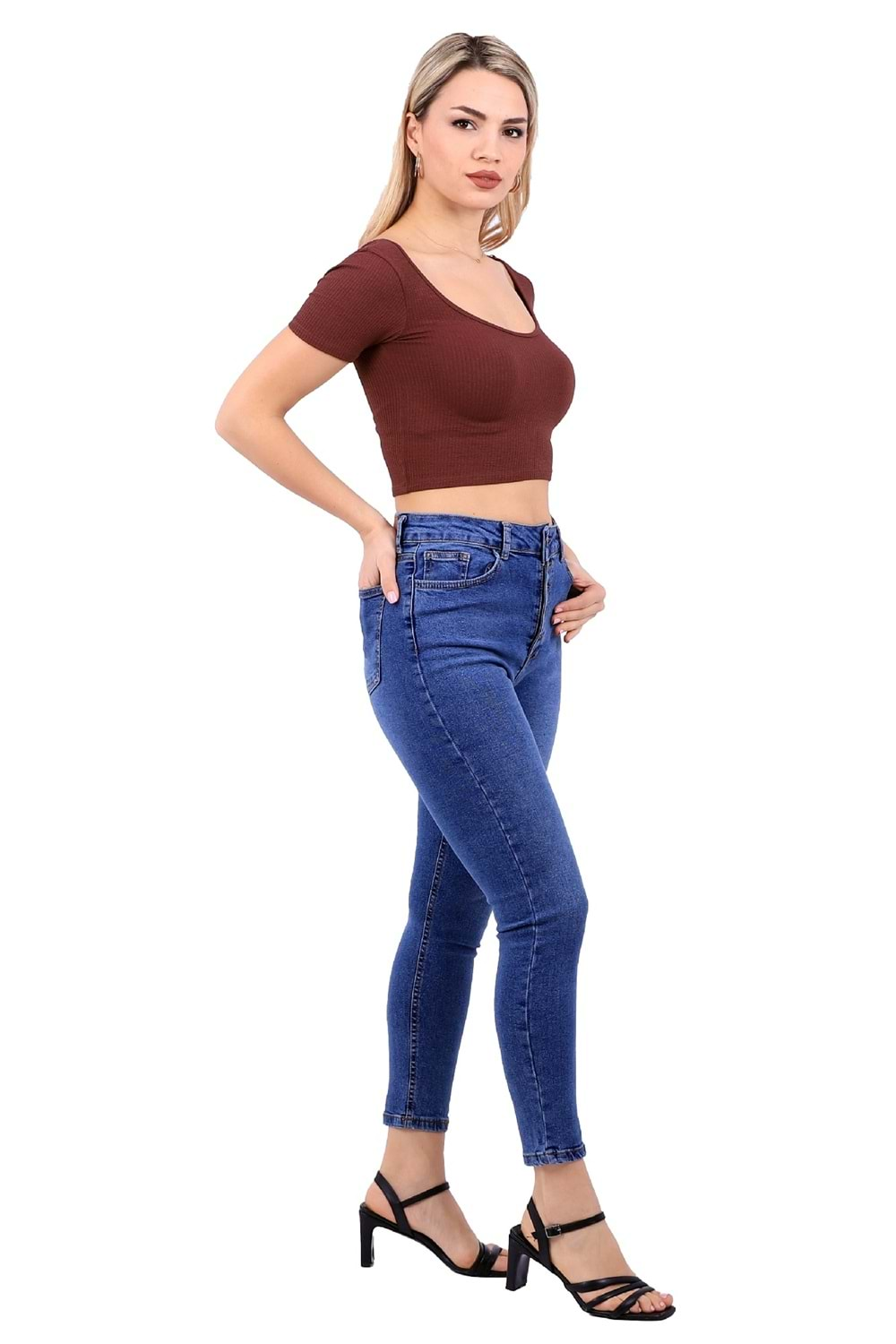 Önü 5 Düğmeli Yüksek Bel Skinny Kot Pantolon 755-06-(26-31) Orta Mavi Kot