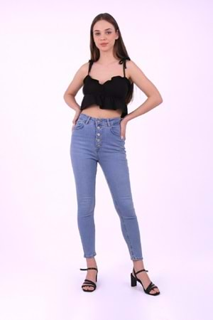 Önü 5 Düğmeli Yüksek Bel Skinny Kot Pantolon 755-15B(30-36) Açık Mavi Kot