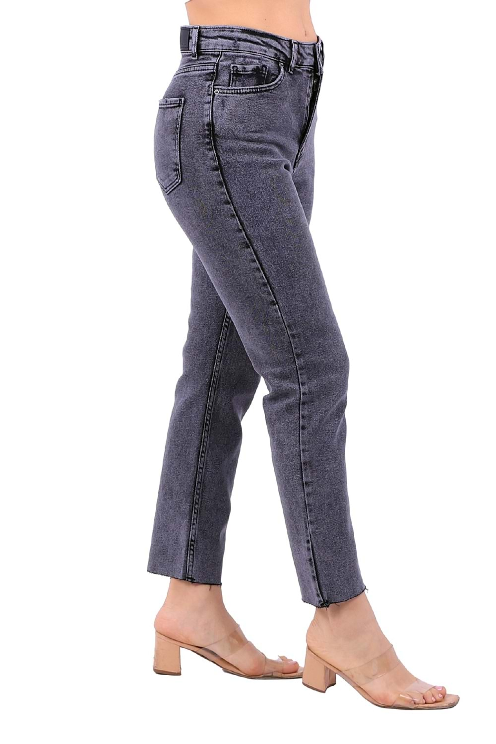 Dikişsiz Paça Yüksek Bel Mom Fit Kot Pantolon 764-40-(26-31) Gri Kar Yıkama