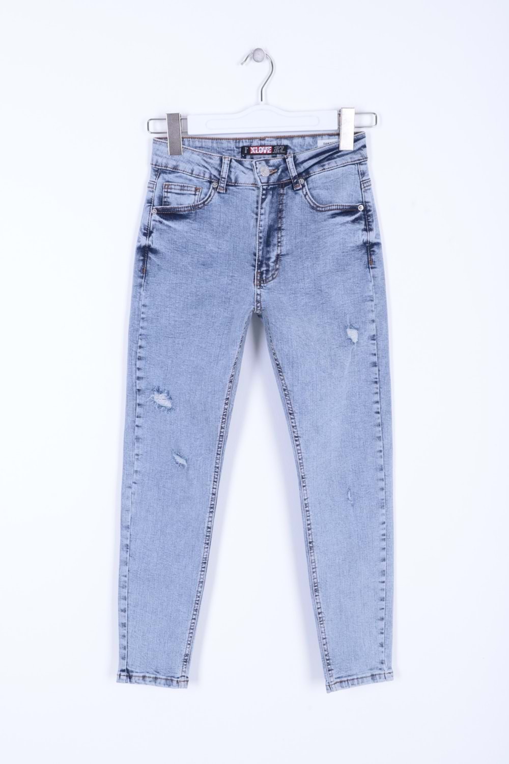 Lazerli Yüksek Bel Skinny Bilek Boy Kot Pantolon 822-08-(26-31) Kar Yıkama Açık Mavi