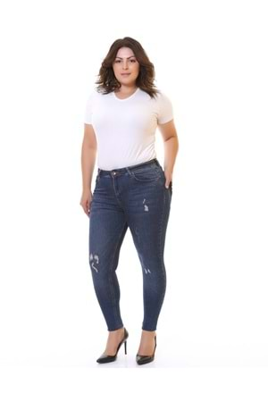 Yüksek Bel Az Yırtıklı Lazerli Skinny Kot Pantolon 826-01B(30-36) Koyu Mavi Kot