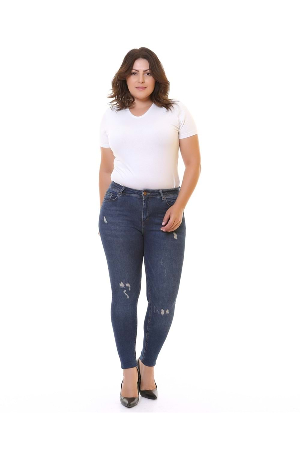 Yüksek Bel Az Yırtıklı Lazerli Skinny Kot Pantolon 826-01B(30-36) Koyu Mavi Kot