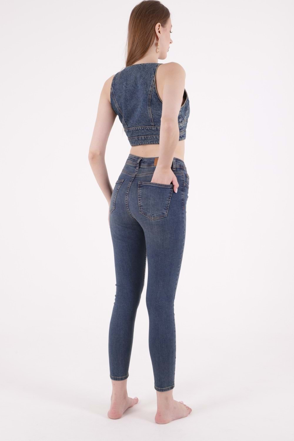 Yüksek Bel Az Yırtıklı Lazerli Skinny Kot Pantolon 826-02-(28-33) Koyu Tintli Kot