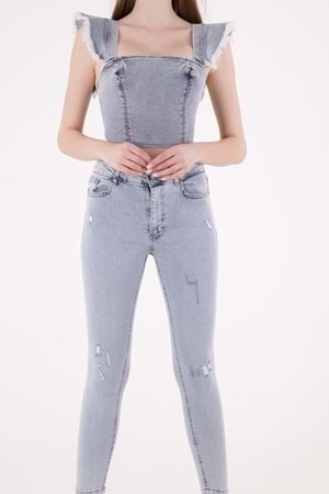 Yüksek Bel Az Yırtıklı Lazerli Skinny Kot Pantolon 826-08-(28-33) Kar Yıkama Açık Mavi