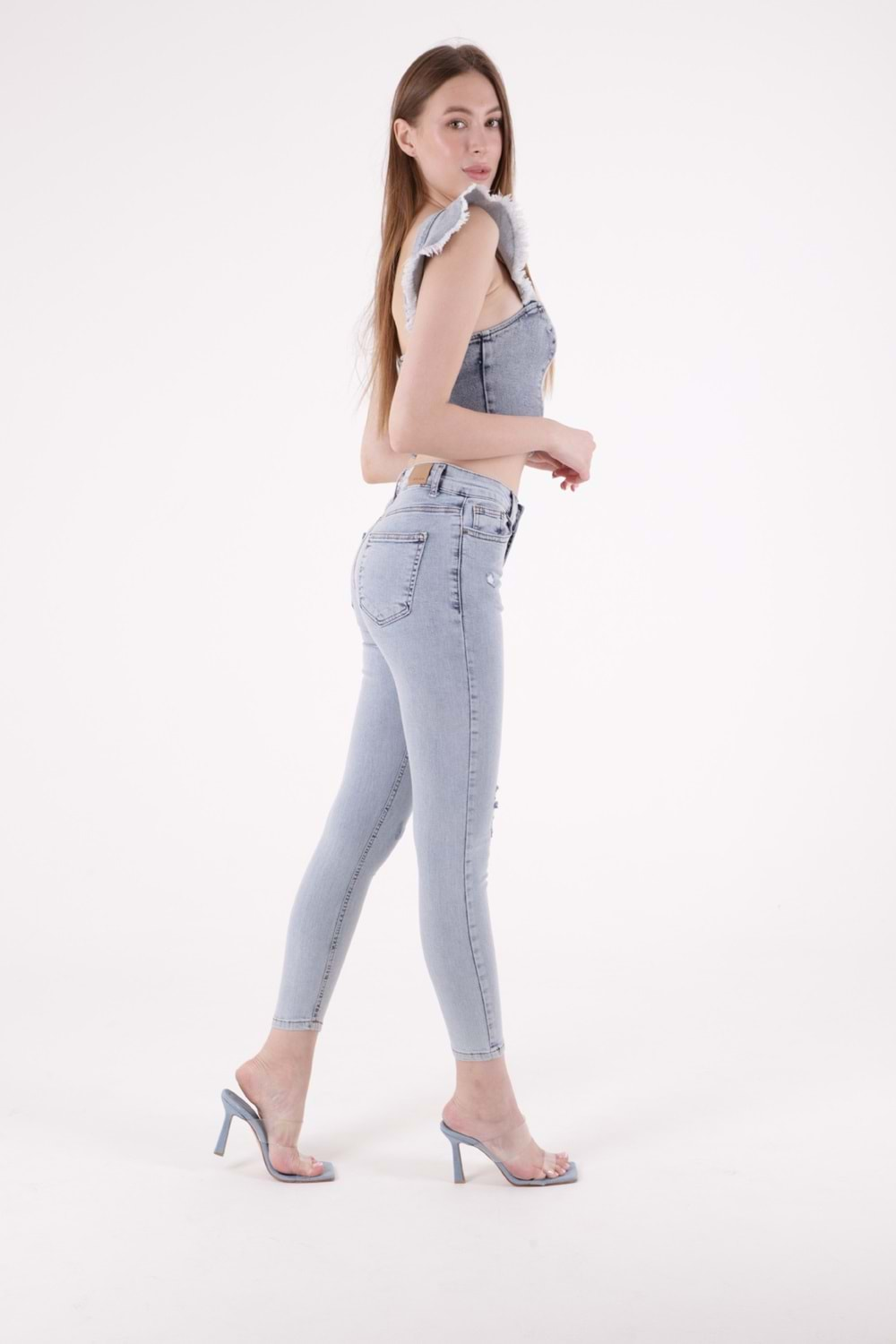 Yüksek Bel Az Yırtıklı Lazerli Skinny Kot Pantolon 826-08-(28-33) Kar Yıkama Açık Mavi