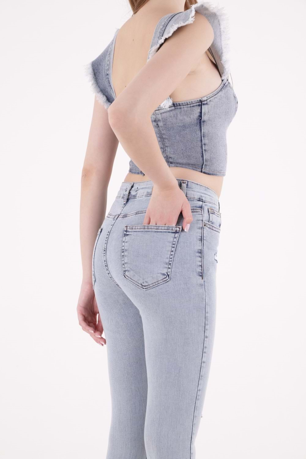 Yüksek Bel Az Yırtıklı Lazerli Skinny Kot Pantolon 826-08-(28-33) Kar Yıkama Açık Mavi