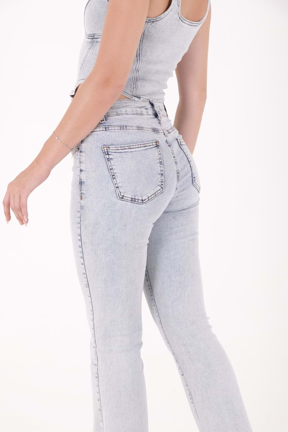 Yüksek Bel İspanyol Paça Skinny Kot Pantolon 867-08-(27-32) Kar Yıkama Açık Mavi