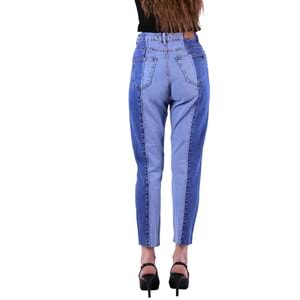 Double Colored Mom Jean with Sewing Lines on Both Legs 965 - 0608 (Middle Blue & Snow Blue)
